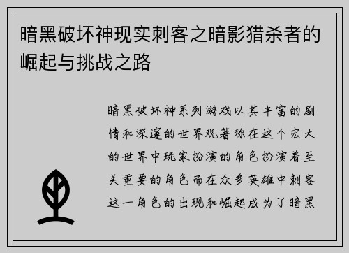 暗黑破坏神现实刺客之暗影猎杀者的崛起与挑战之路