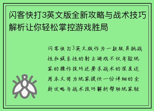 闪客快打3英文版全新攻略与战术技巧解析让你轻松掌控游戏胜局