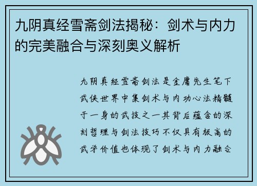九阴真经雪斋剑法揭秘：剑术与内力的完美融合与深刻奥义解析